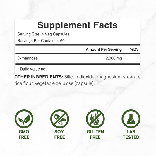 Deal Supplement D Mannose 240 vegetarian pills bottle showing supplement facts and dosage info