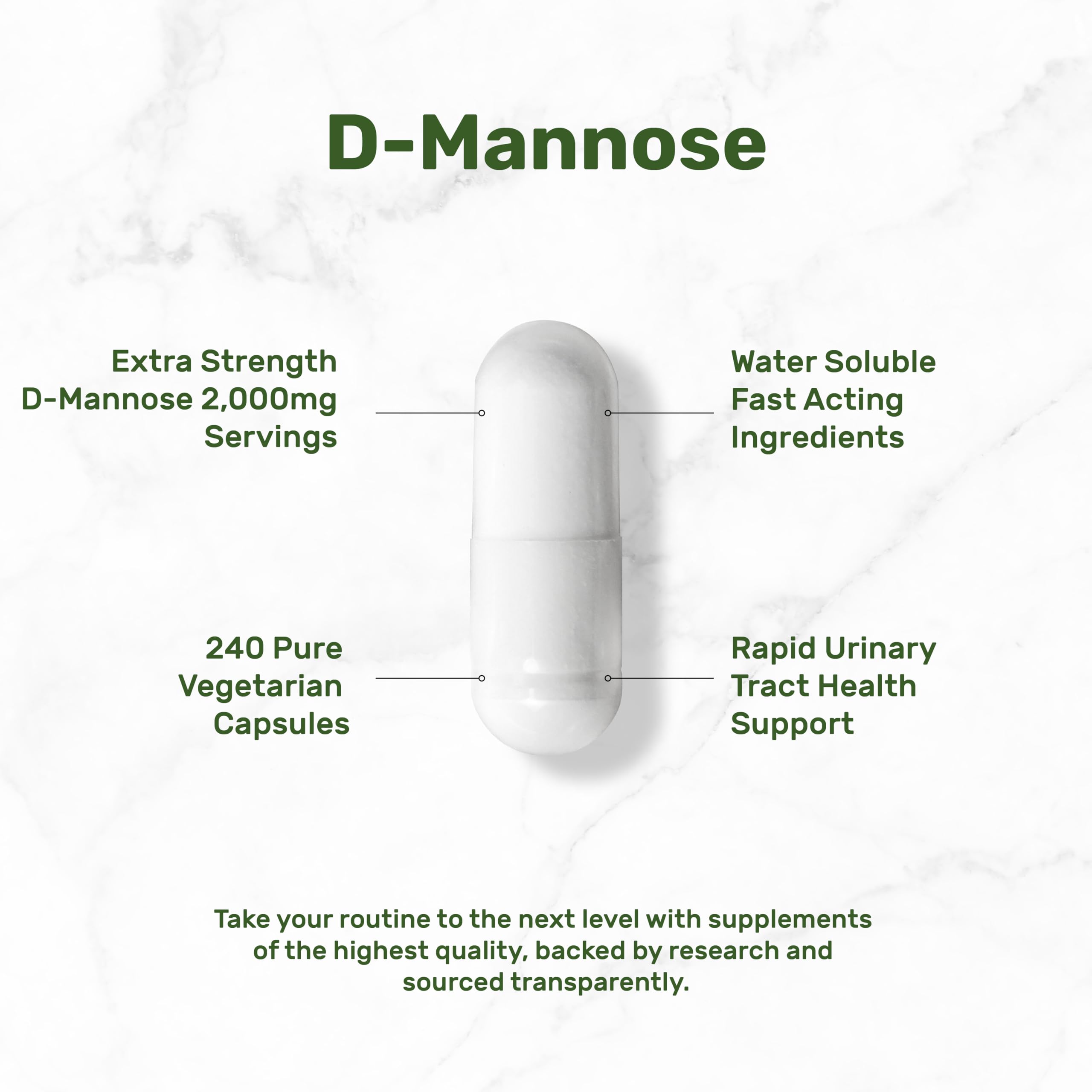 Extra strength D-Mannose 2000mg serving veggie capsules packaging for bladder cleansing