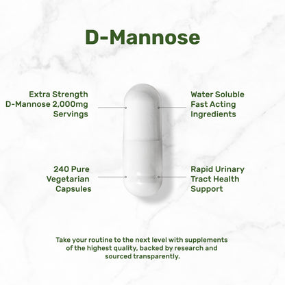 Extra strength D-Mannose 2000mg serving veggie capsules packaging for bladder cleansing