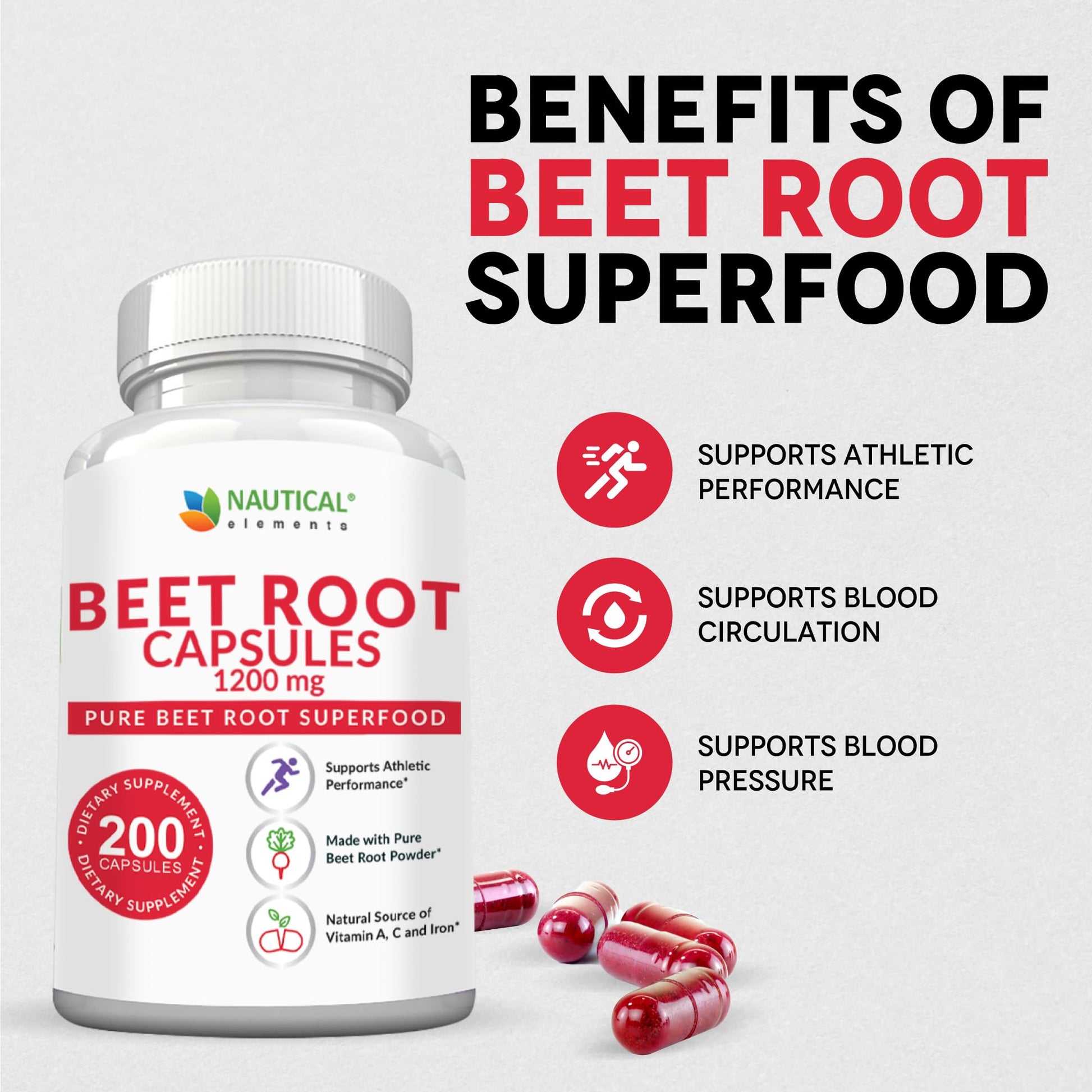 Capsules spilling out of Nautical Elements beet root bottle