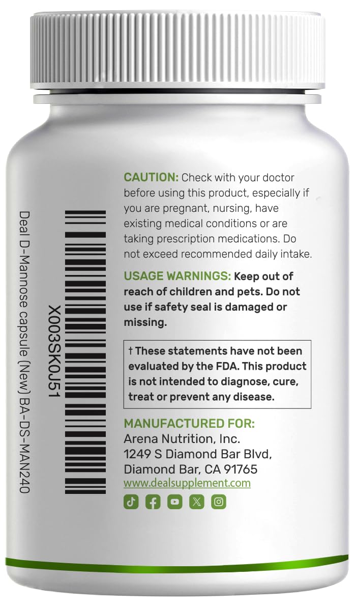 Authentic Deal Supplement D-Mannose 2000mg per serving vegetarian capsules for men and women
