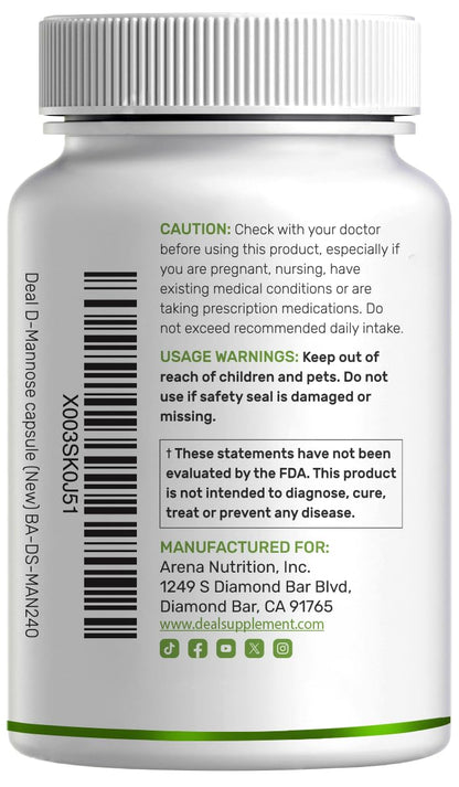 Authentic Deal Supplement D-Mannose 2000mg per serving vegetarian capsules for men and women