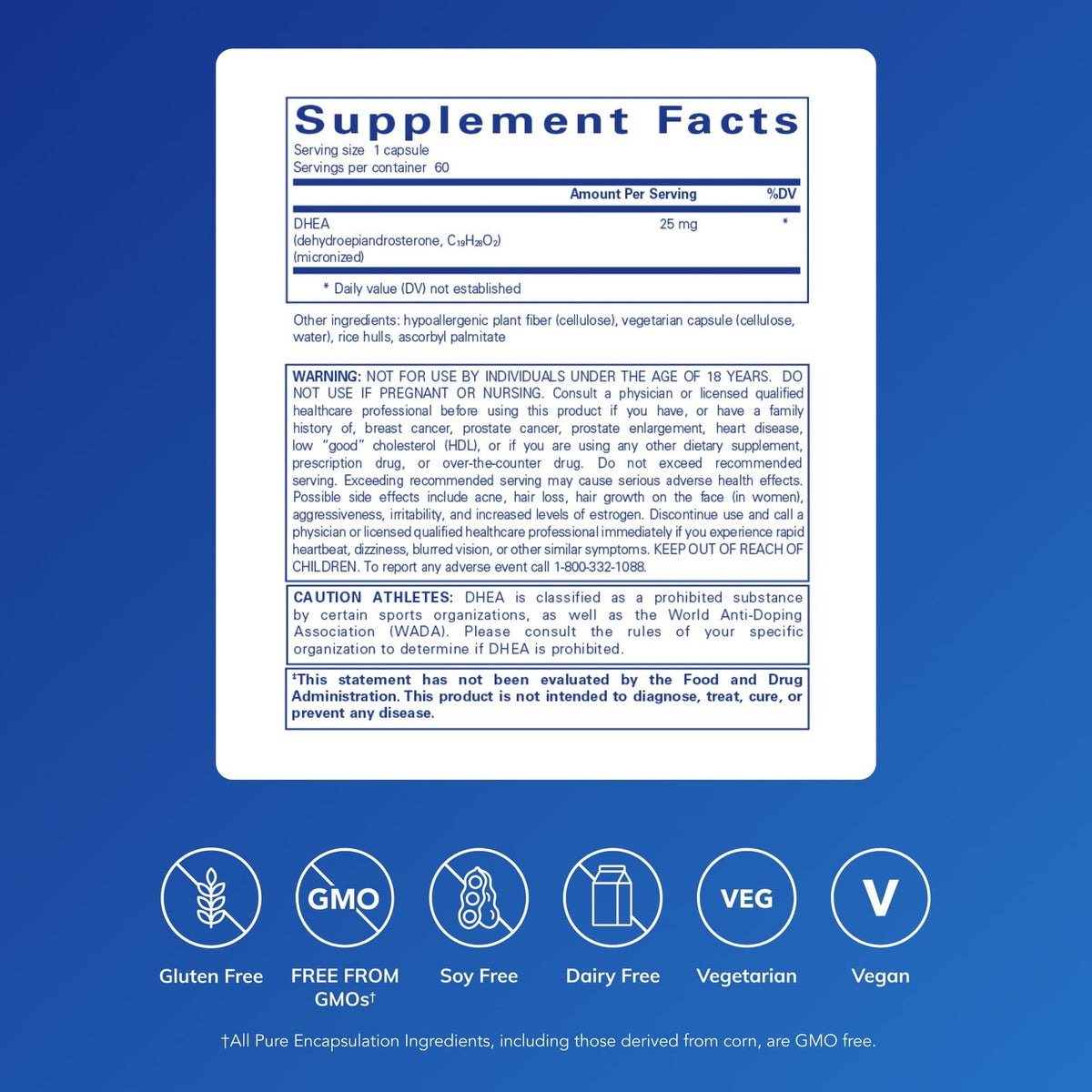 Pure Encapsulations DHEA 25 mg supplemental facts nutrition label
