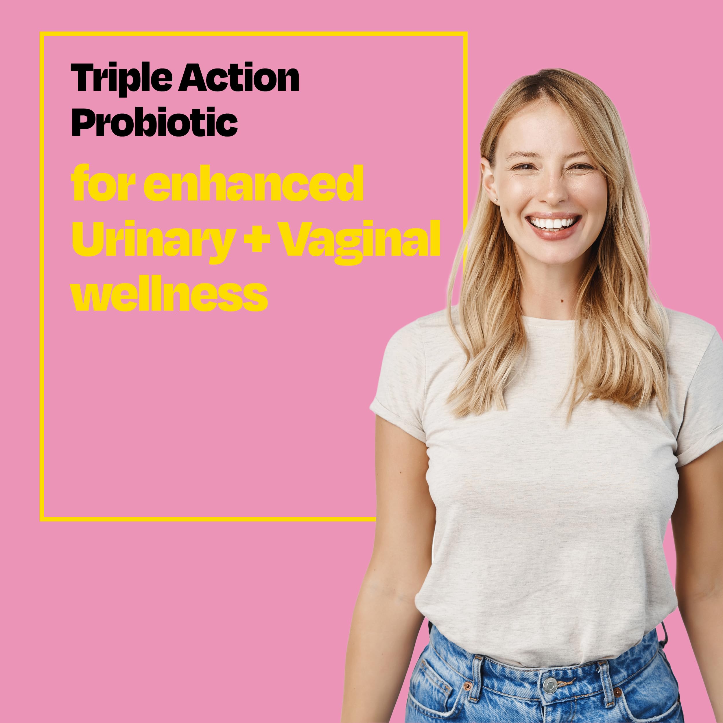 Cystex daily urinary and vaginal probiotic supplement packaging detailing the triple-action formula benefits.