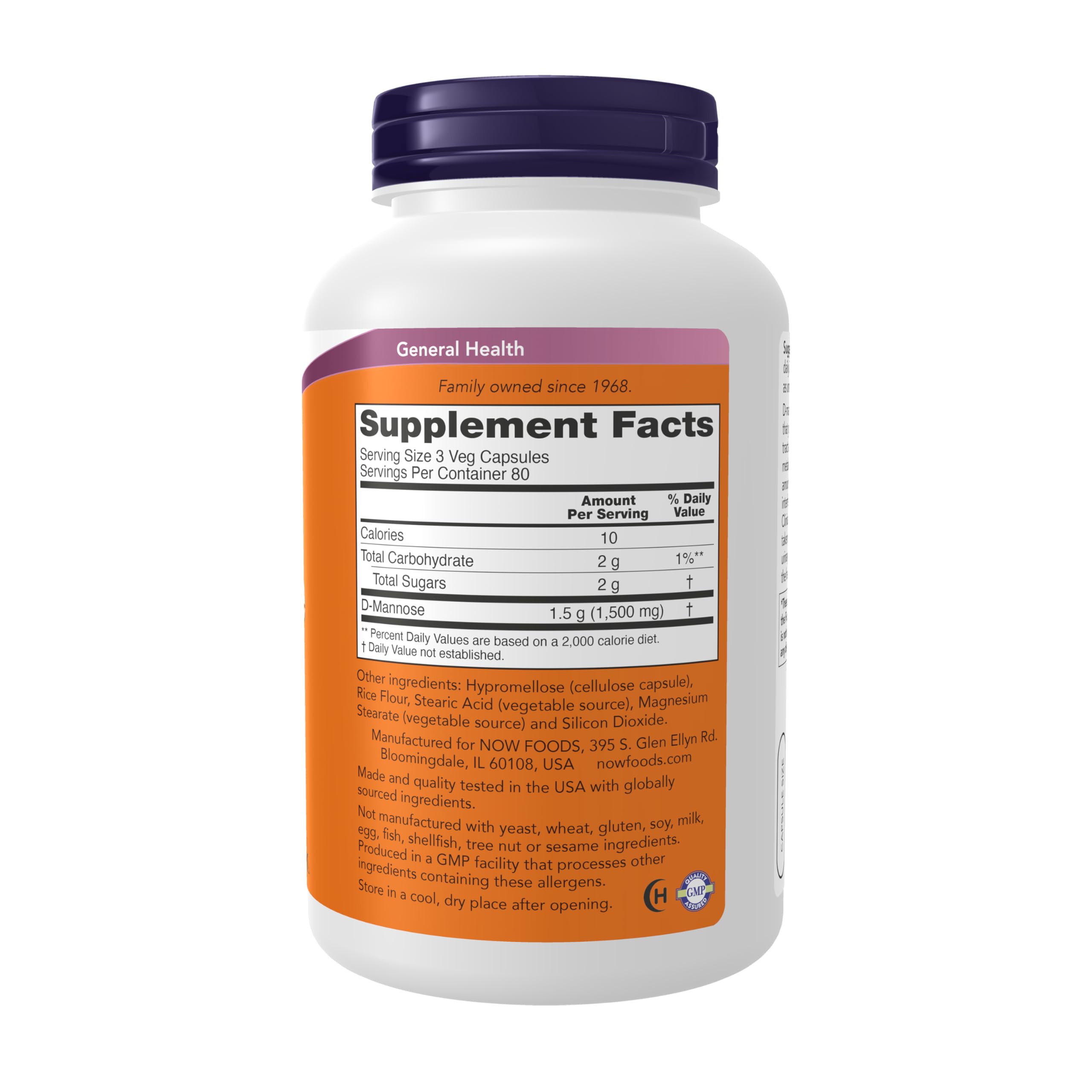 Now Foods D-Mannose supplement bottle dietary label
