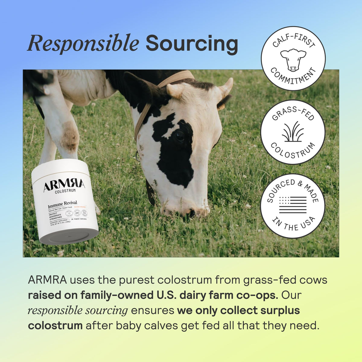 Grass-fed bovine colostrum source information and quality highlights