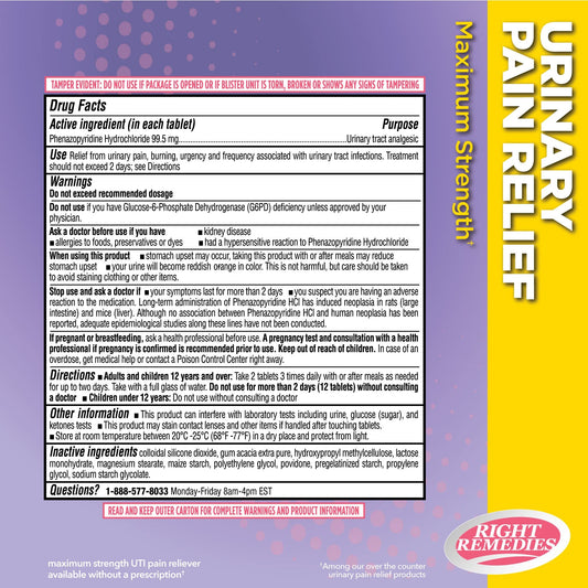 Right Remedies Phenazopyridine Hydrochloride ninety-nine point five milligrams packaging details