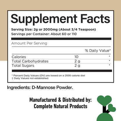 Pure D-Mannose filler free dietary supplement side panel info instructions