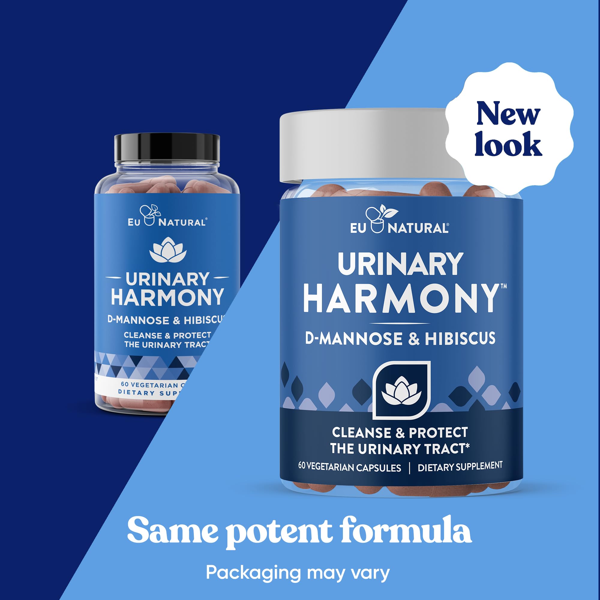 Eu Natural Urinary Harmony supplement showing clinical-strength D-Mannose ingredient details.