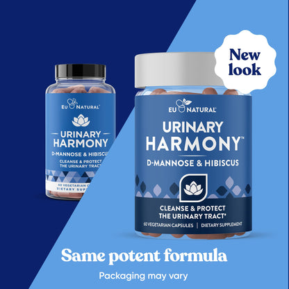 Eu Natural Urinary Harmony supplement showing clinical-strength D-Mannose ingredient details.