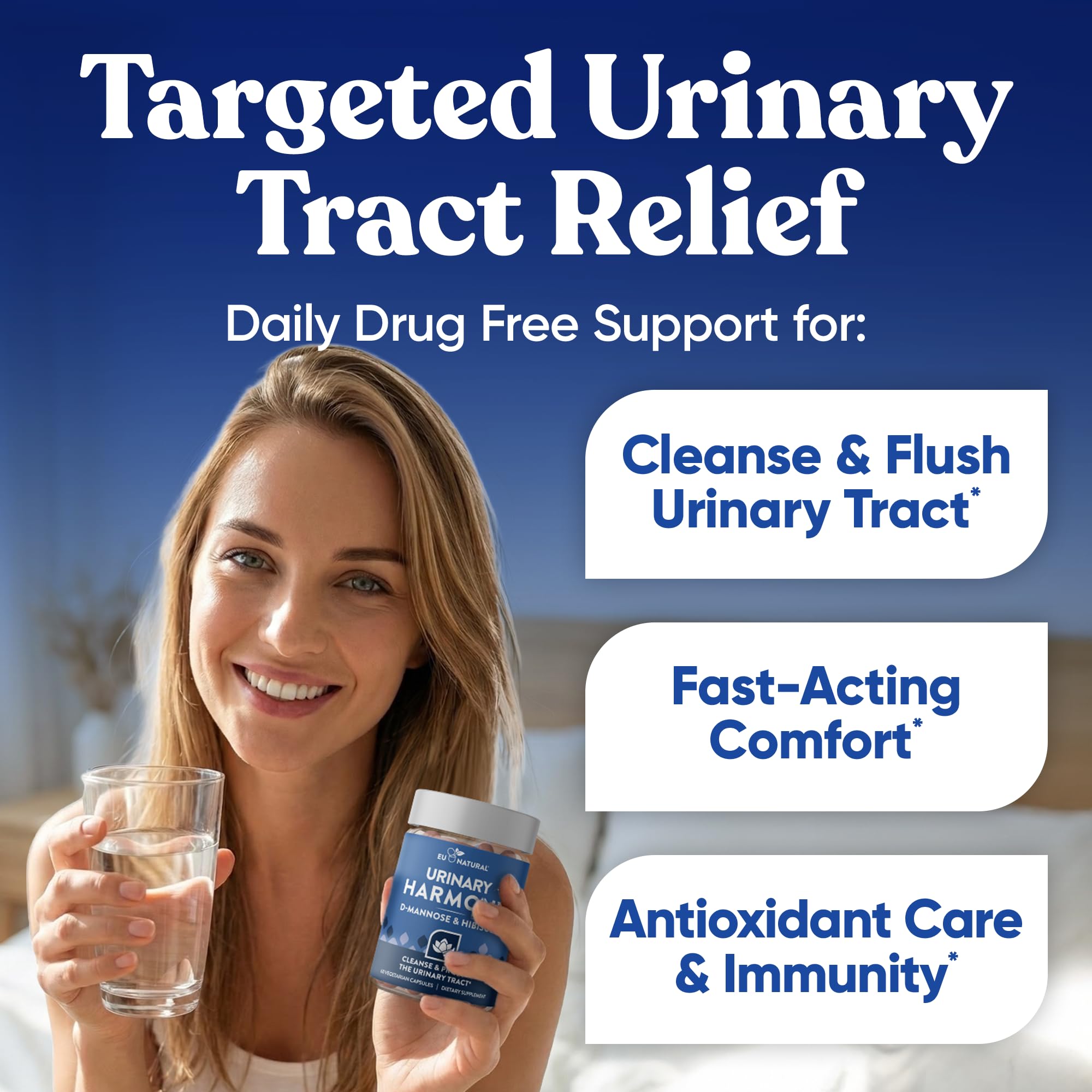 Eu Natural Urinary Harmony supplement bottle showing Hibiscus extract and supplement facts.