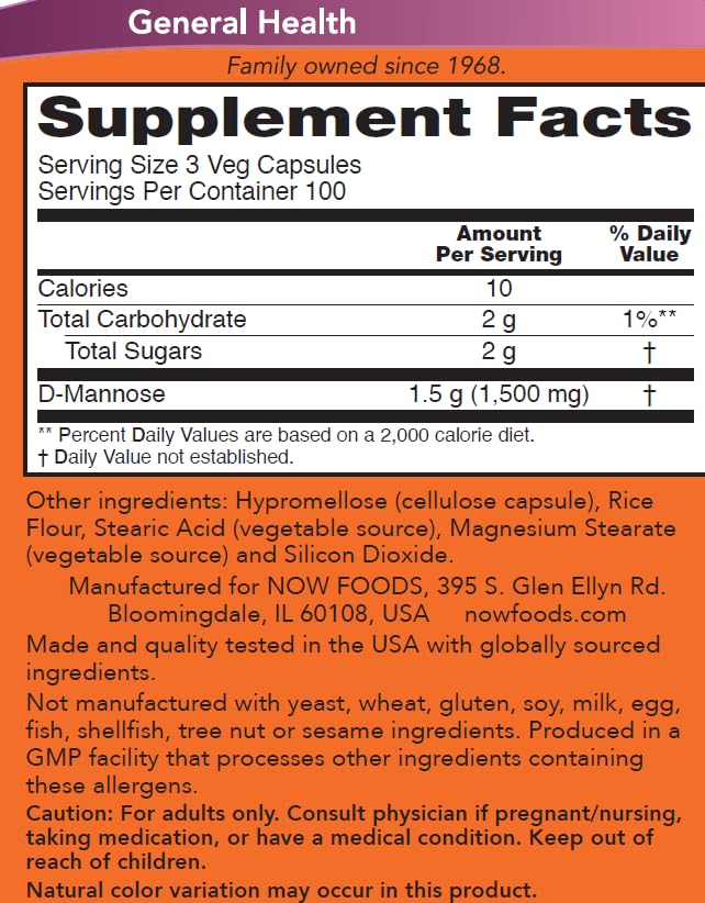 Now Foods D-Mannose supplement bottle nutrition facts label