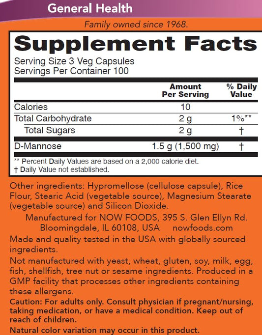 Now Foods D-Mannose supplement bottle nutrition facts label