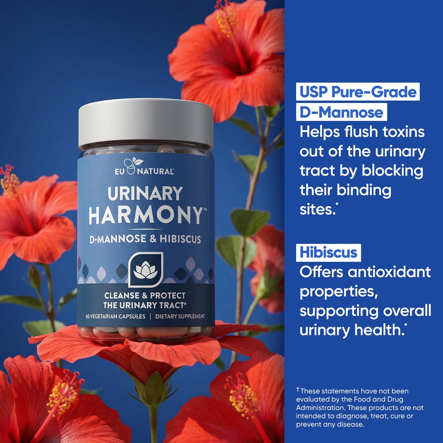 Eu Natural D-Mannose 60 vegetarian capsules bottle side panel showing directions for use.