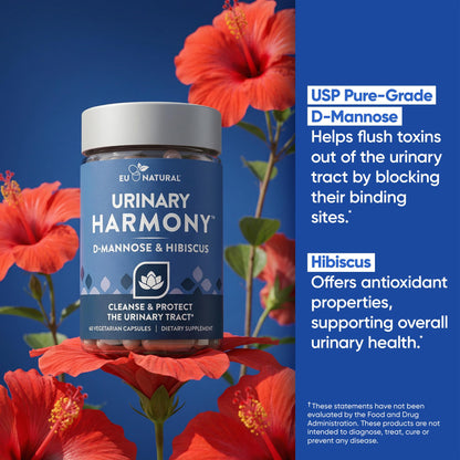 Eu Natural D-Mannose 60 vegetarian capsules bottle side panel showing directions for use.