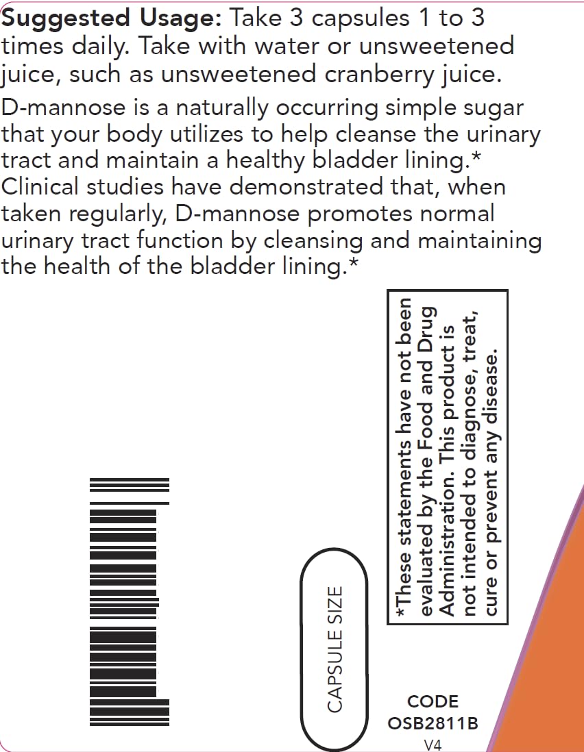 Side view of Now Foods D-Mannose 500 mg capsules packaging