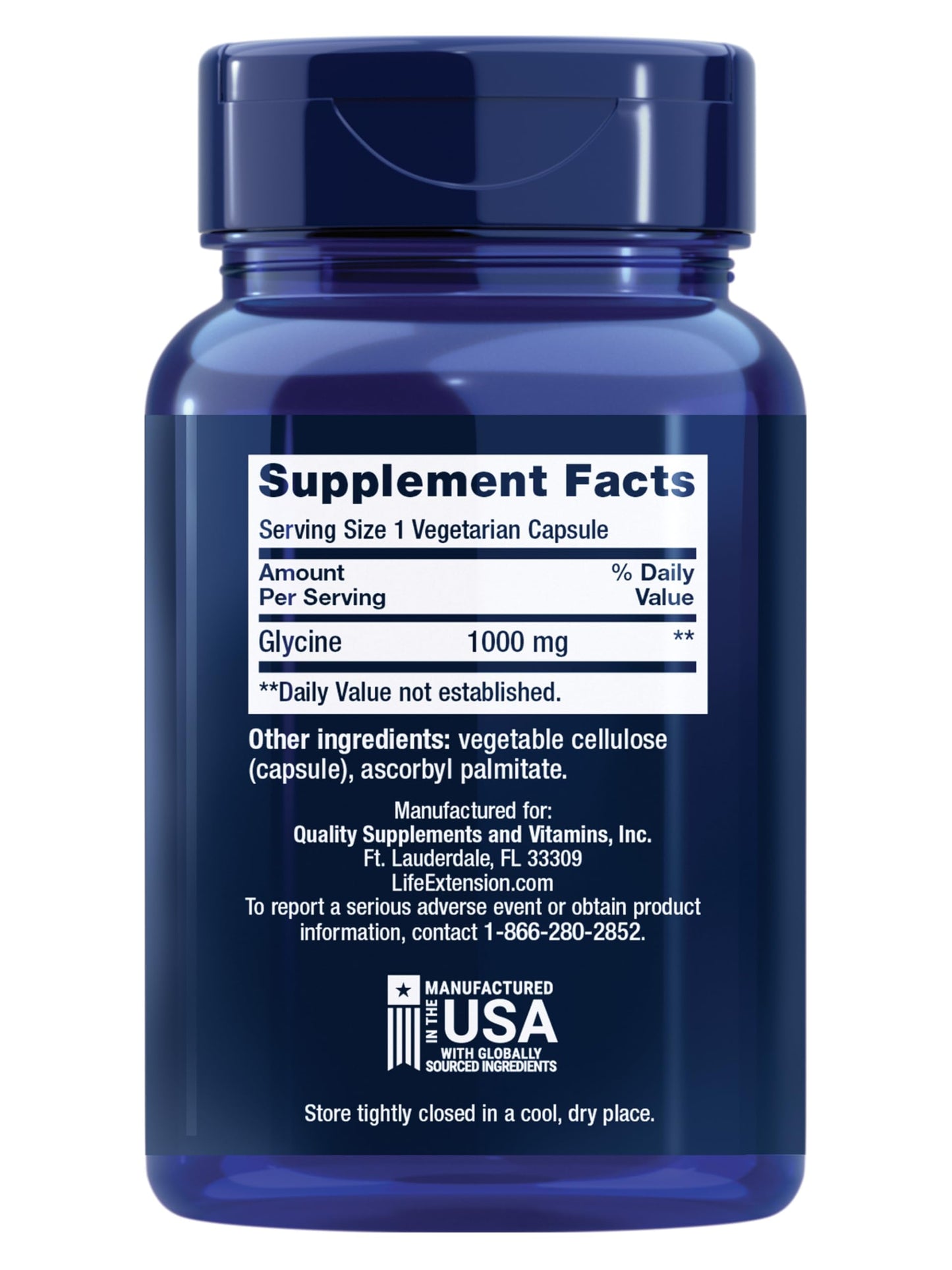 Life Extension Glycine 1000 mg supplement label details