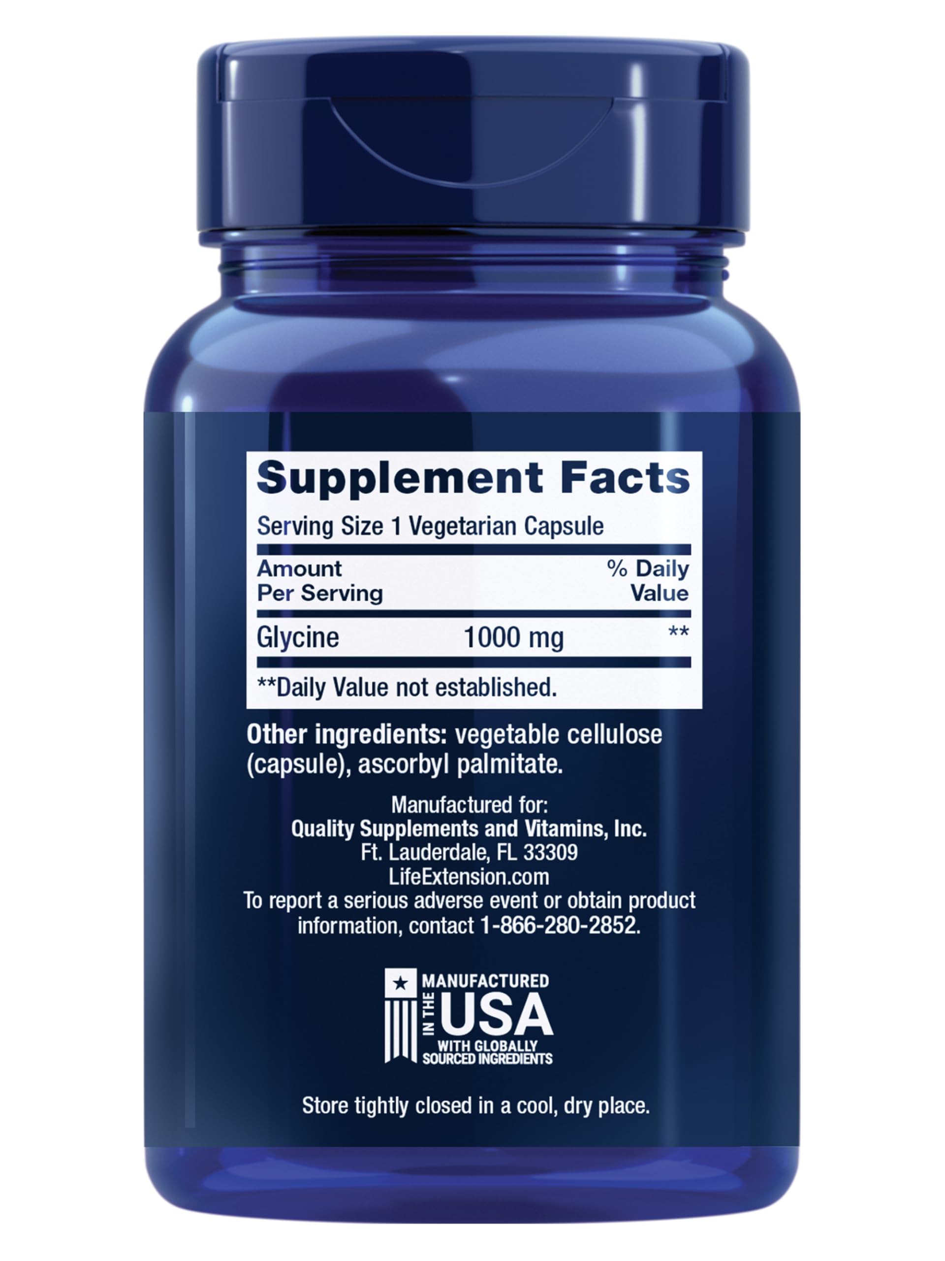 Life Extension Glycine 1000 mg supplement label details