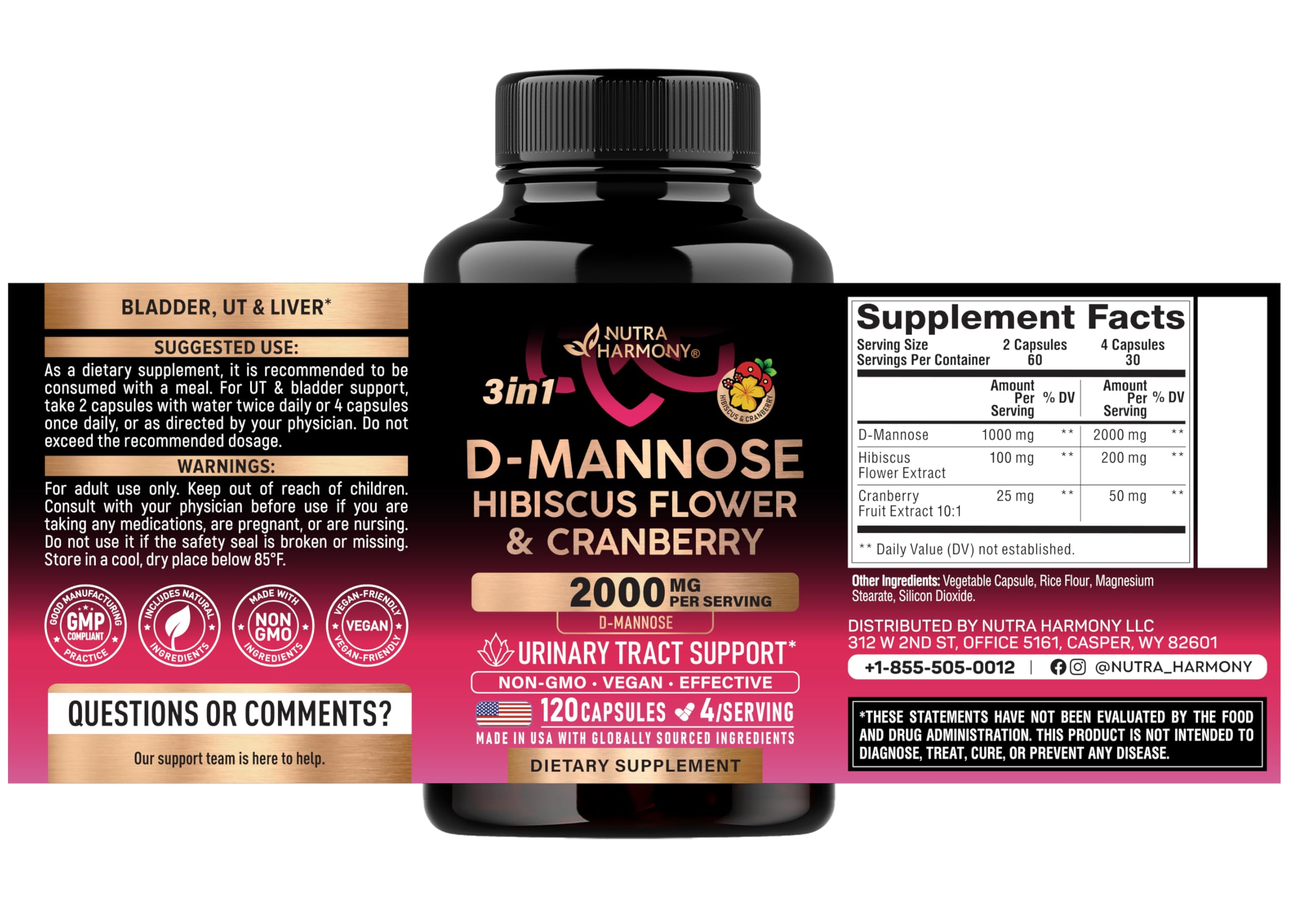 NutraHarmony urinary health supplement showing supplement facts and clean ingredient list on the side label.