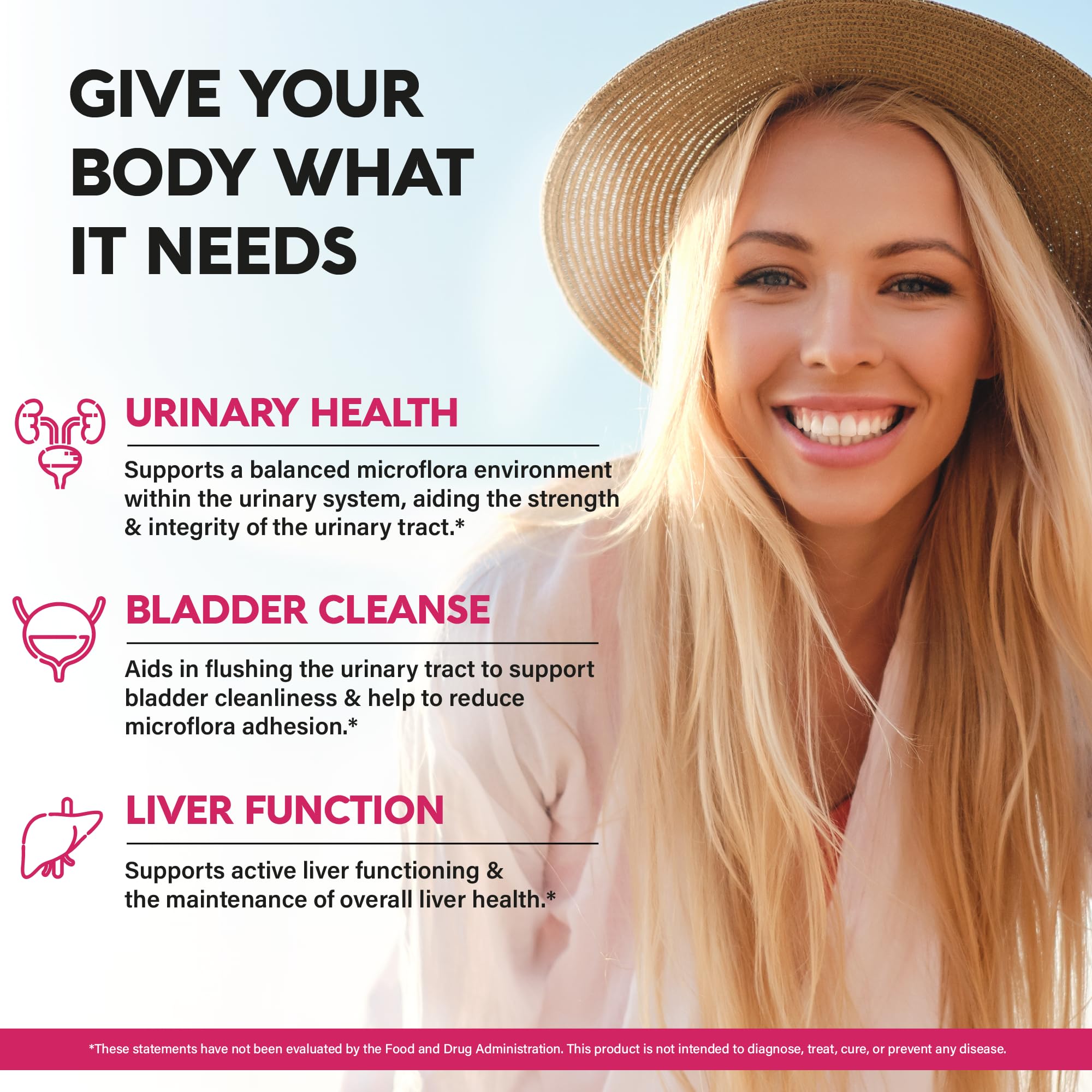 NutraHarmony 3-in-1 formula capsules highlighting D-Mannose, Cranberry, and Hibiscus components for bladder wellness.