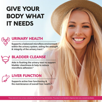 NutraHarmony 3-in-1 formula capsules highlighting D-Mannose, Cranberry, and Hibiscus components for bladder wellness.