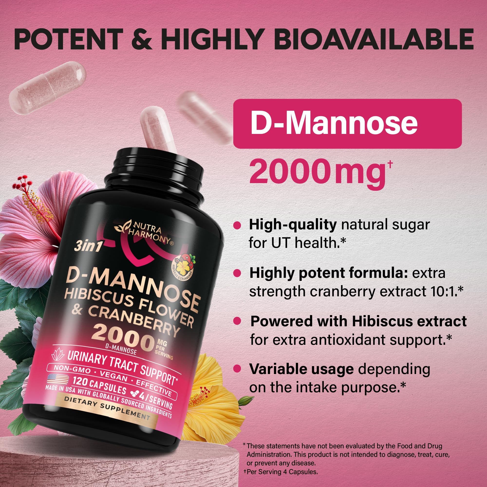 NutraHarmony D-Mannose bottle sitting upright displaying the Made in USA verification emblem clearly.