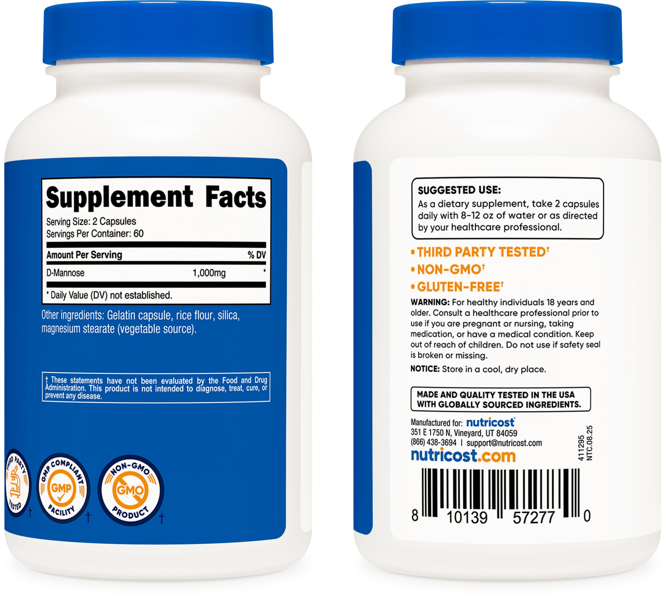 Side panel of Nutricost D-Mannose bottle showing non-GMO and gluten free certifications