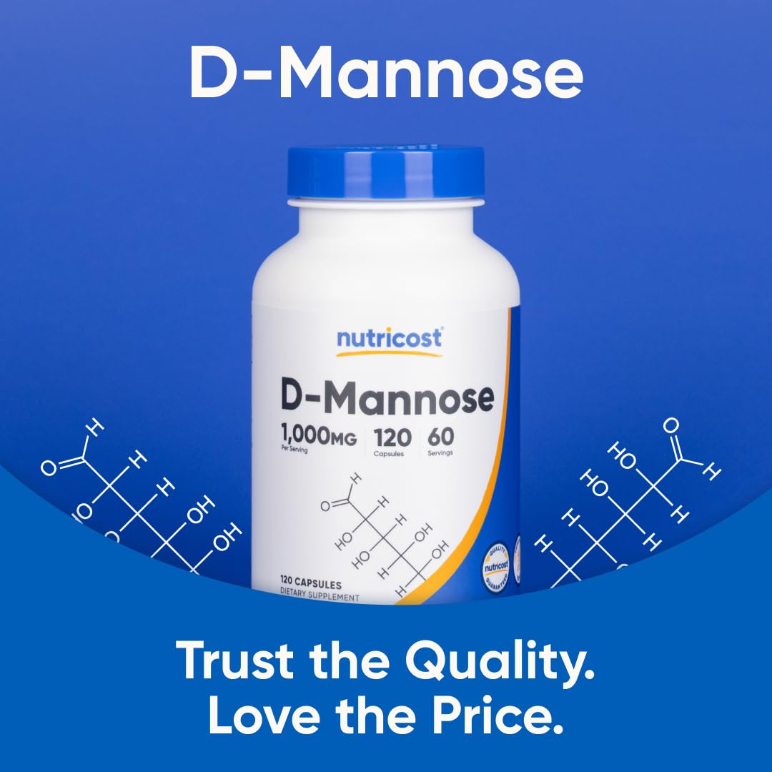 Nutricost D-Mannose 120 capsules packaging showing safe dosage and usage instructions
