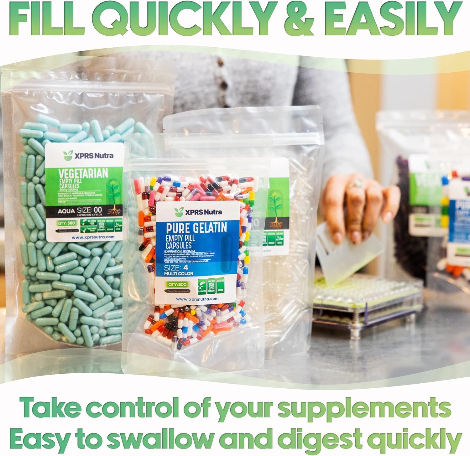Close up of clear XPRS Nutra vegetable pill capsules