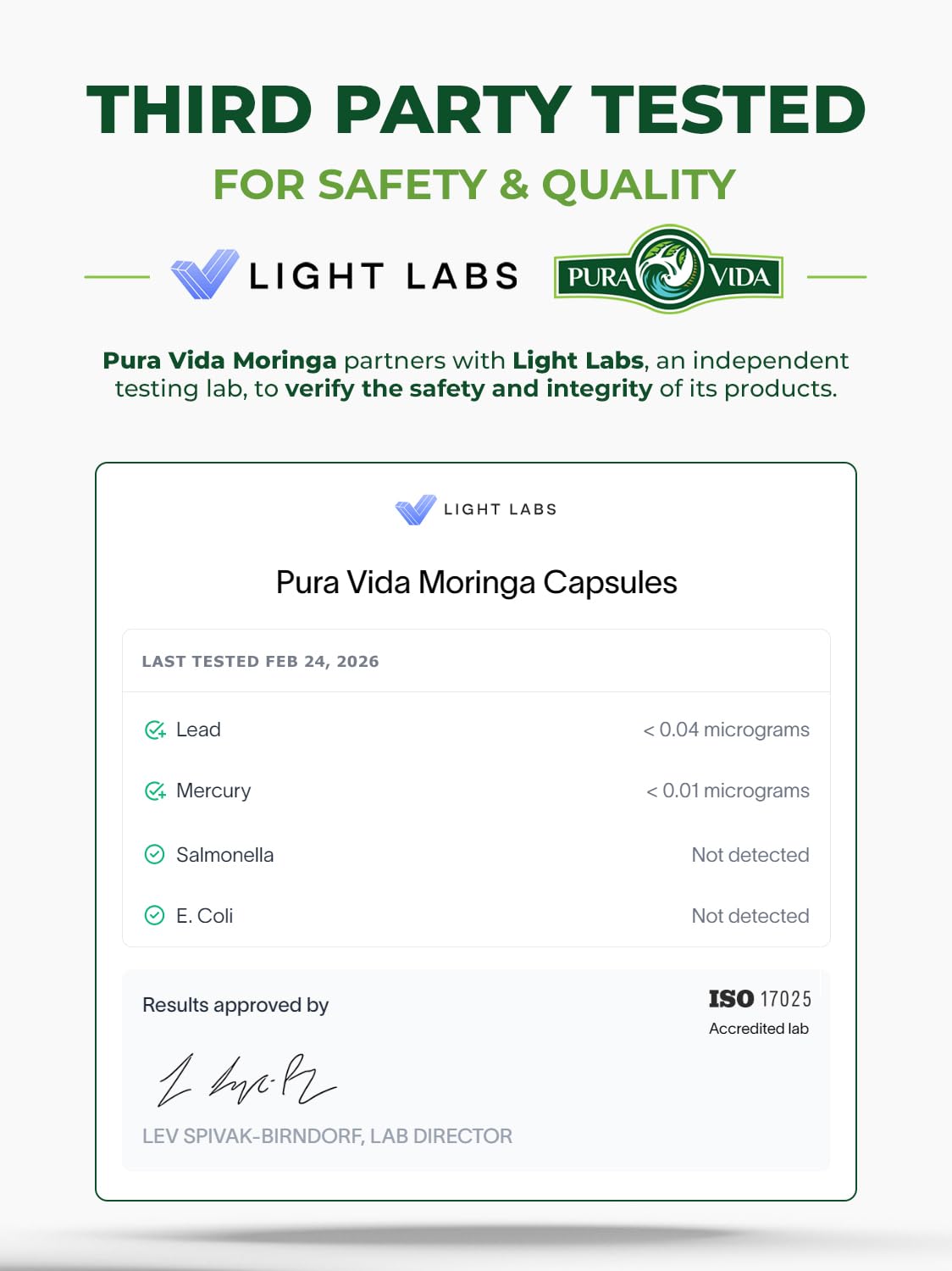 Close up of Pura Vida Moringa 120 count supplement bottle