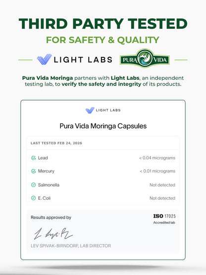 Close up of Pura Vida Moringa 120 count supplement bottle