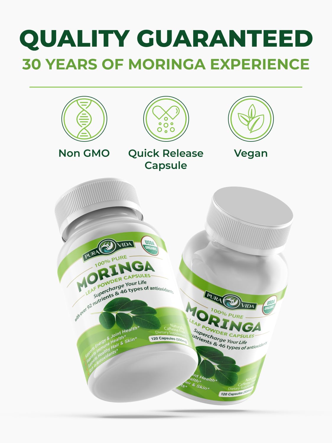 Pura Vida Moringa organic moringa leaf powder capsules side view