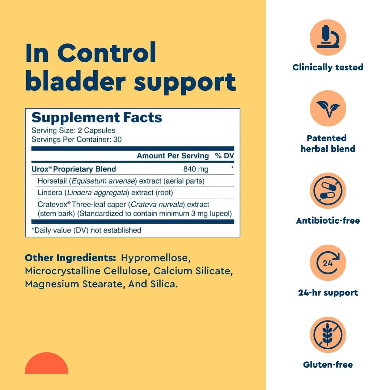 Back label of Uqora In Control Bladder Support displaying directions and vegetarian capsule details