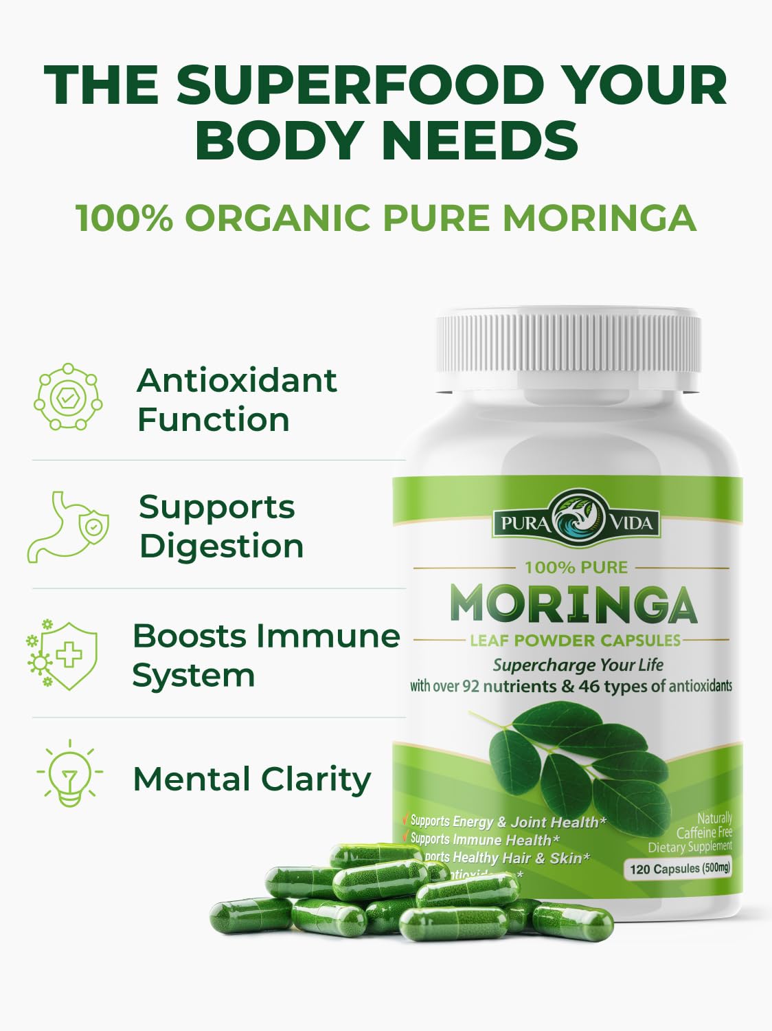 Single origin organic moringa capsules bottle details