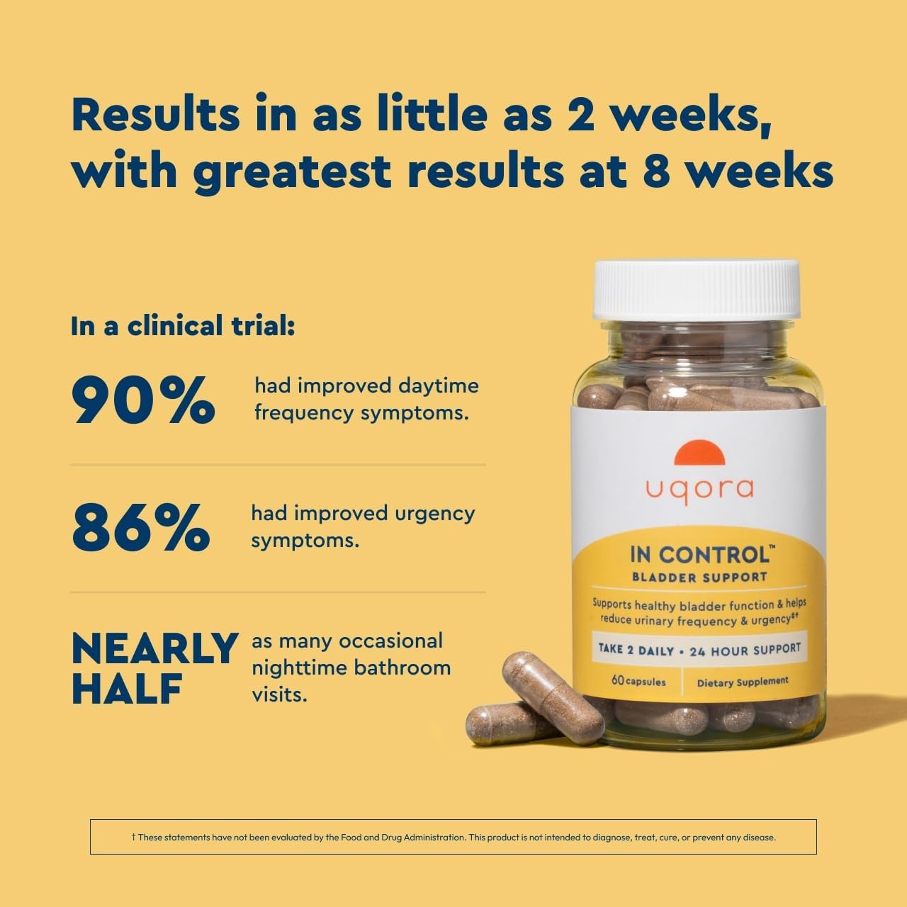 Uqora In Control supplement bottle with clear text indicating gluten-free and vegetarian formula