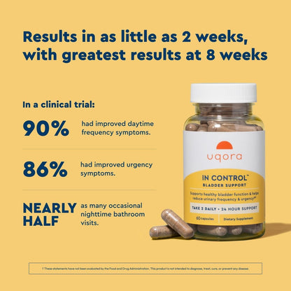Uqora In Control supplement bottle with clear text indicating gluten-free and vegetarian formula