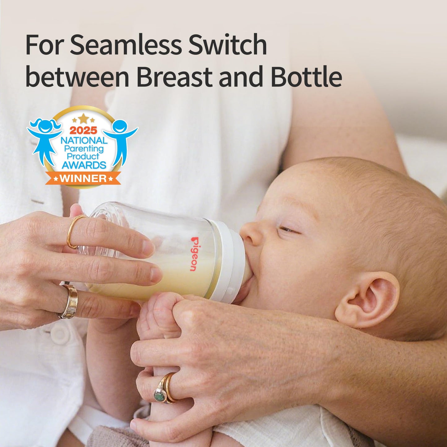 Side profile of Pigeon wide neck glass feeding bottle