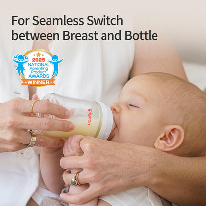 Side profile of Pigeon wide neck glass feeding bottle