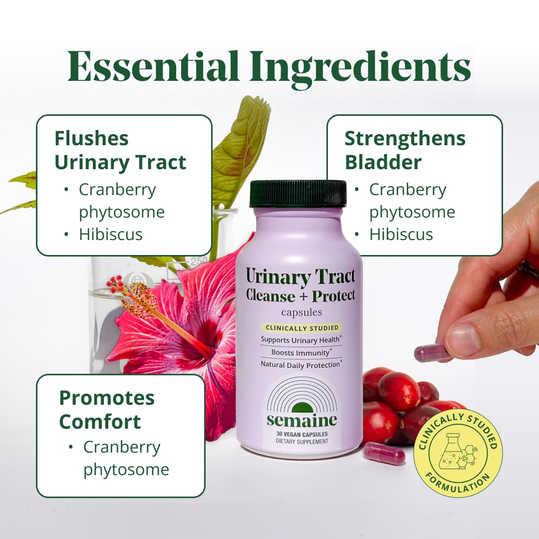 Side label of Semaine Urinary Tract supplement showing vegan capsule ingredients and directions