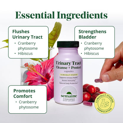 Side label of Semaine Urinary Tract supplement showing vegan capsule ingredients and directions