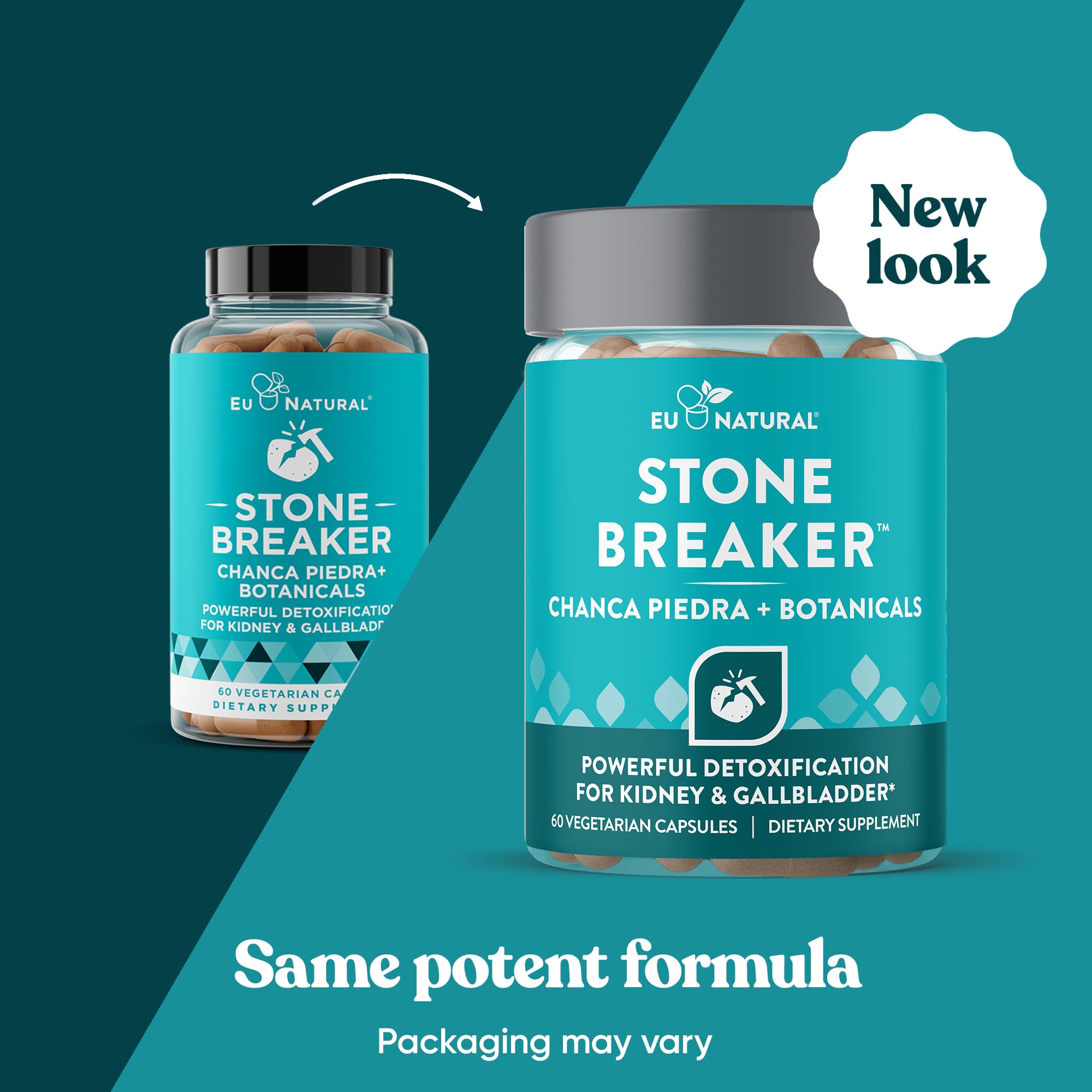 Eu Natural Stone Breaker vegetarian capsules showing clean ingredient supplement facts.