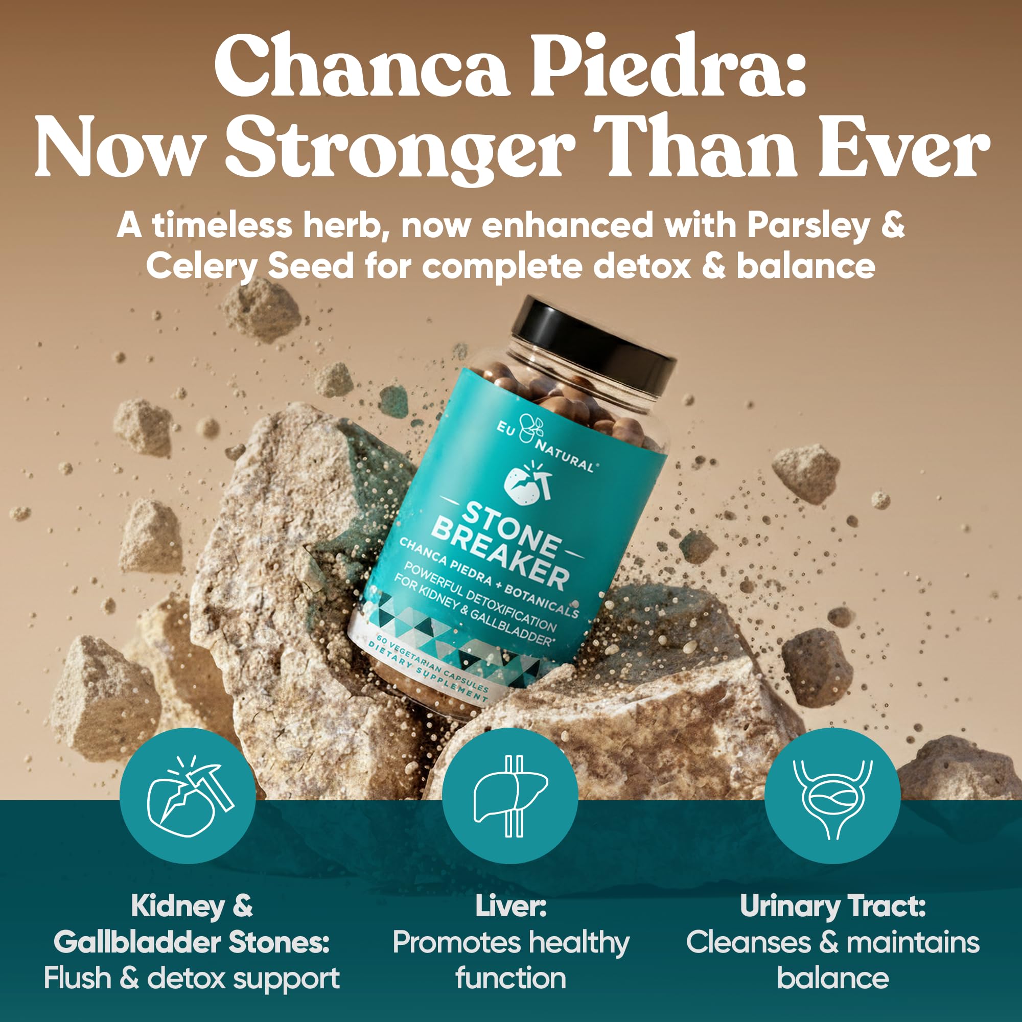 Authentic Eu Natural kidney stone breaker packaging highlighting the 60 capsules quantity.