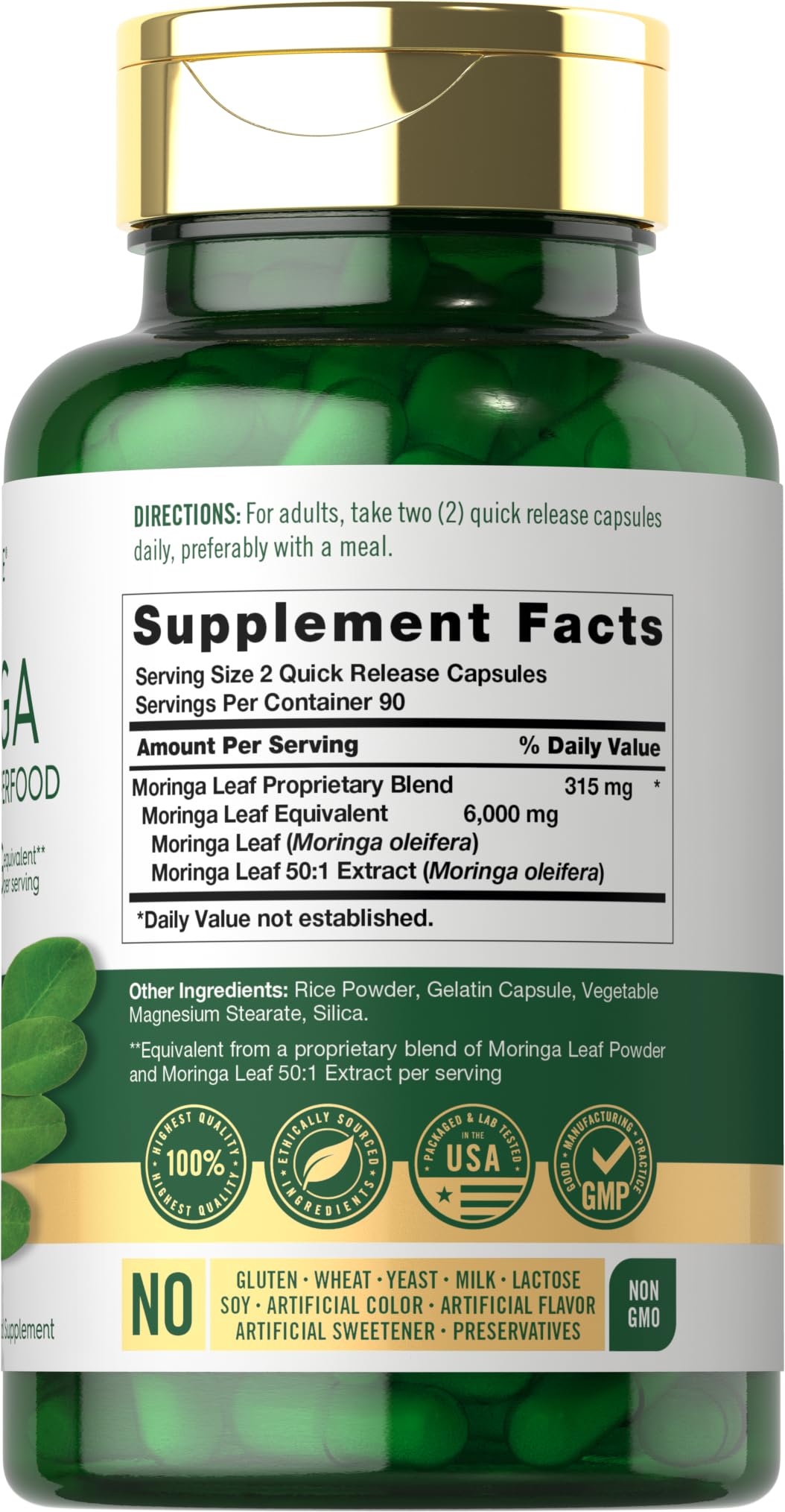 Carlyle Moringa Oleifera supplement label showing non-GMO and gluten-free certifications