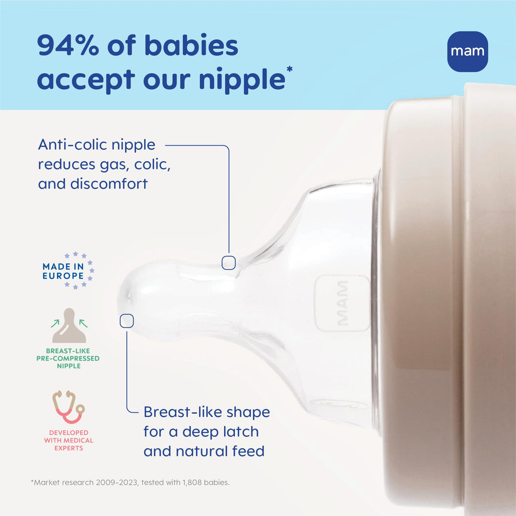 MAM self-sterilizing baby bottle assembly guide showing microwave safe disinfection steps