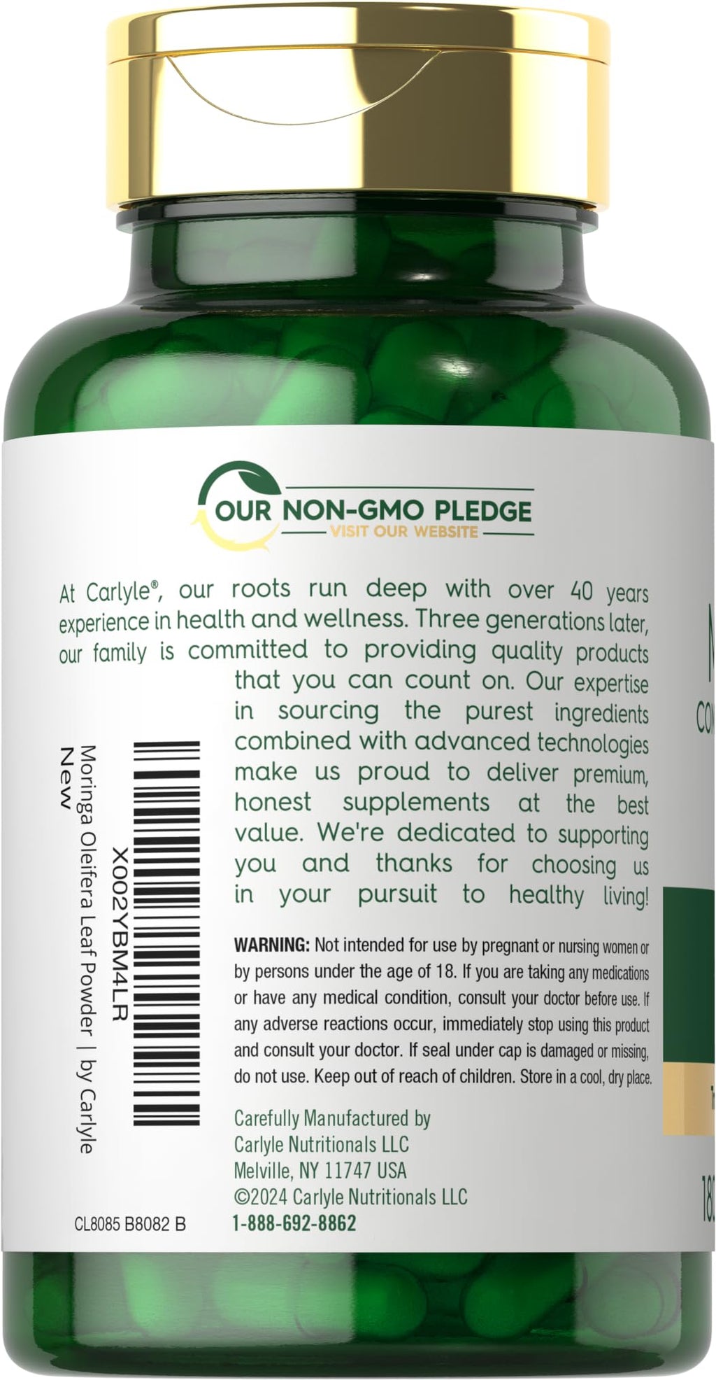Carlyle Moringa Oleifera 180 capsules nutritional facts label