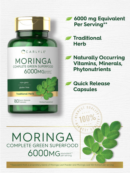 Quick-release herbal capsules of Carlyle Moringa Oleifera displayed next to the bottle