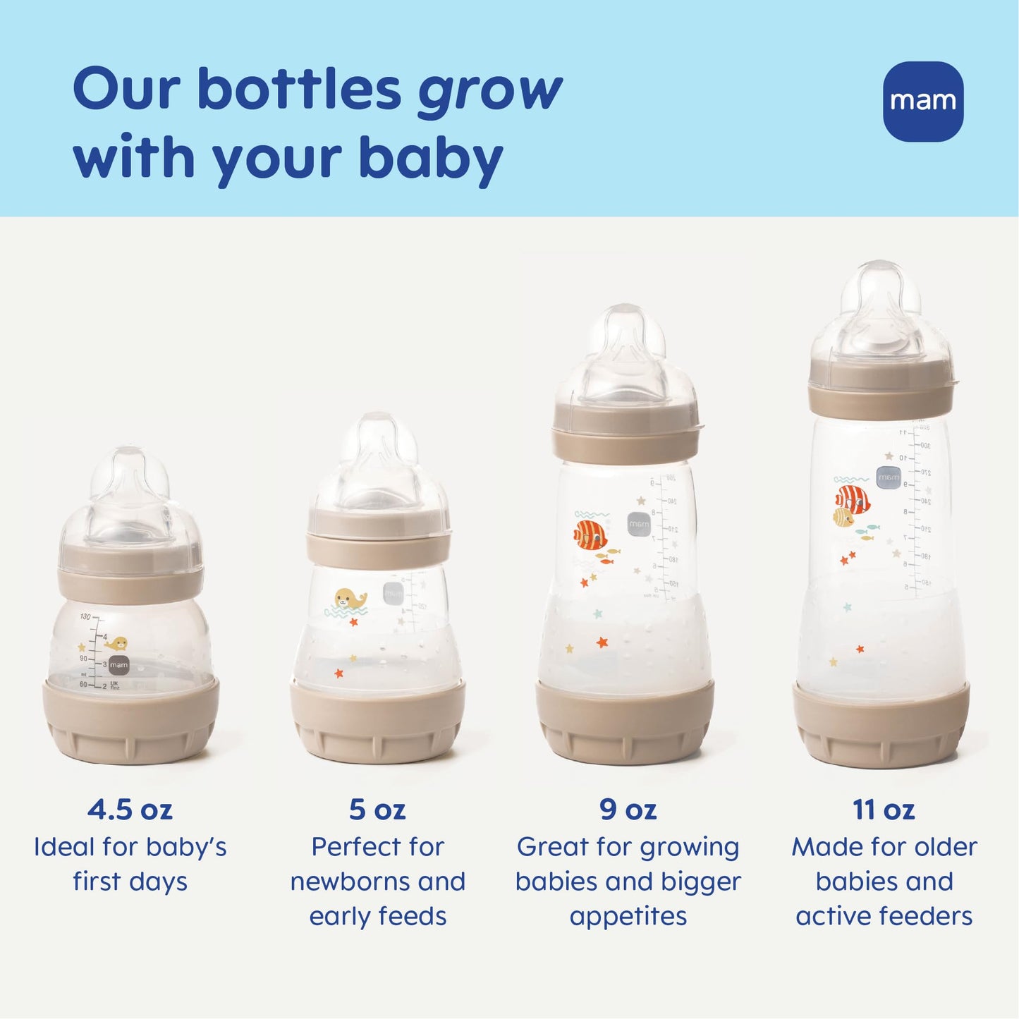 Close up of the flat silicone medium flow nipple on a MAM nine ounce infant bottle