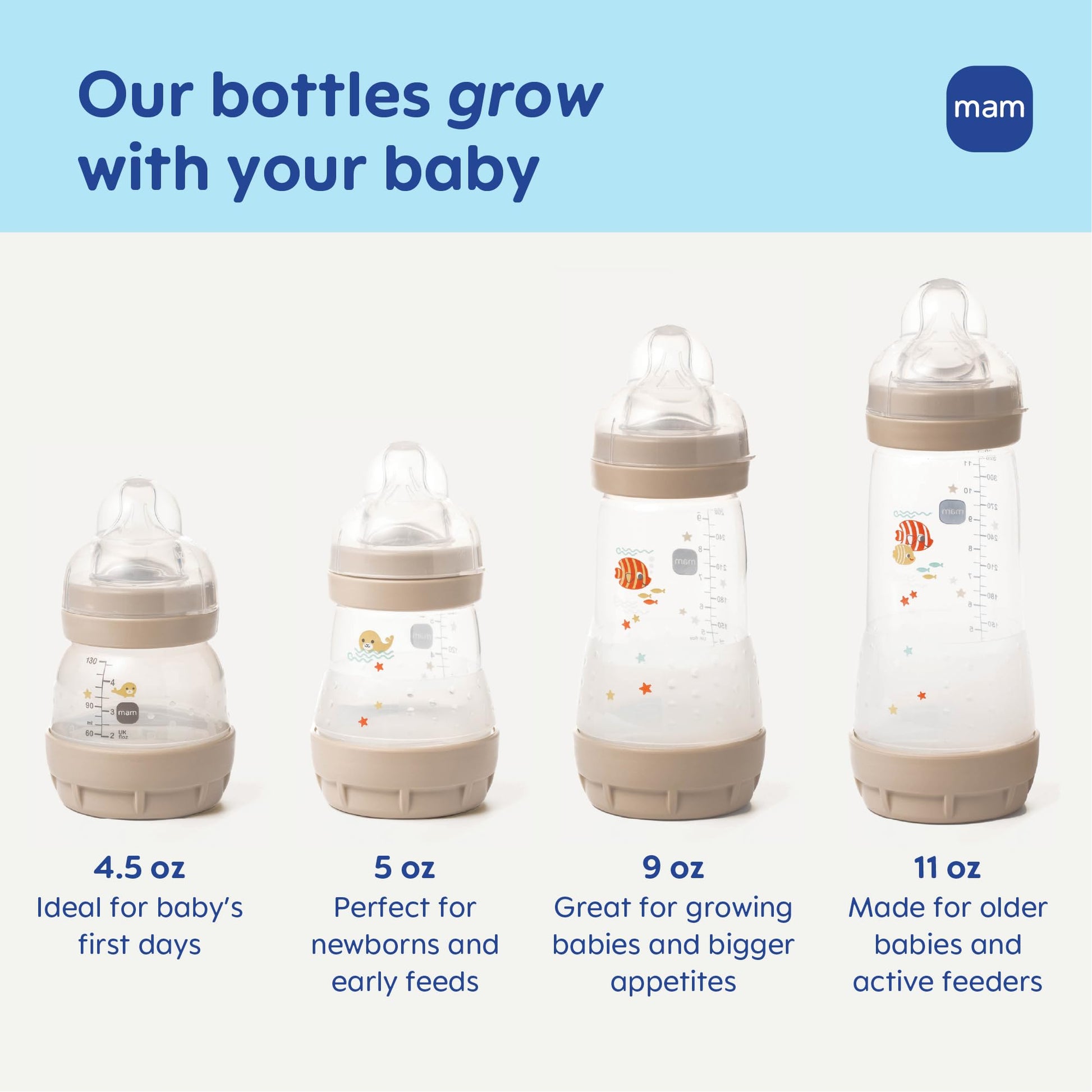 Close up of the flat silicone medium flow nipple on a MAM nine ounce infant bottle