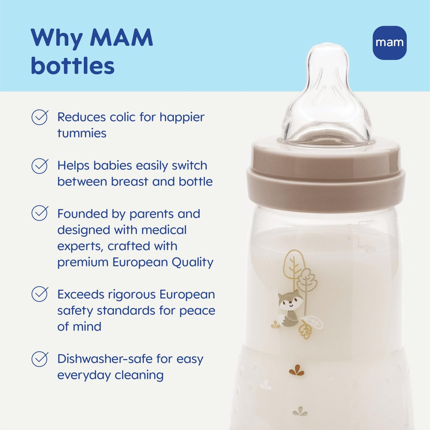 Full component breakdown of the MAM easy start wide neck baby bottle for cleaning