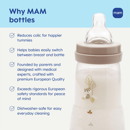 Full component breakdown of the MAM easy start wide neck baby bottle for cleaning